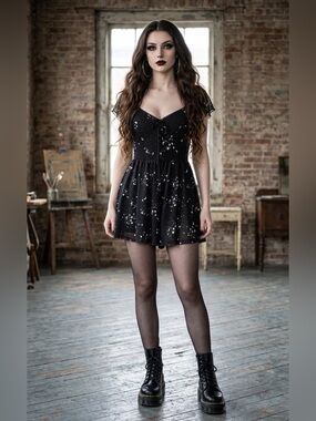 Urban Outfitters Black & White Celestial Star and Moon Print Mesh Mini Romper S